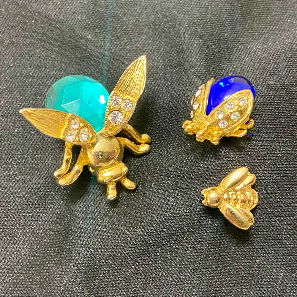 3-Piece Gold Insect Brooch Set – Coloured Stone Beetle, Ladybug + Mini Bee